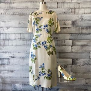 Prada silk floral short sleeve dress cream with blue flowers Size 4